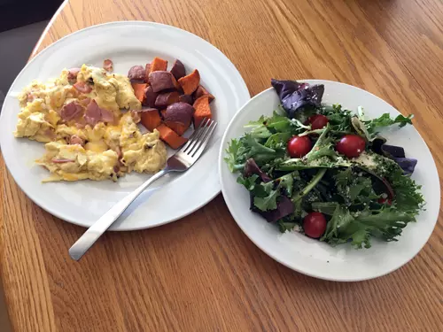 Breakfast - scrambled eggs, sweet potatoes, salad.JPG