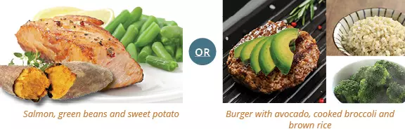 SalmonGreenBeansSweetPotato_BurgerWithAvocadoCookedBroccoliBrownRice.jpg