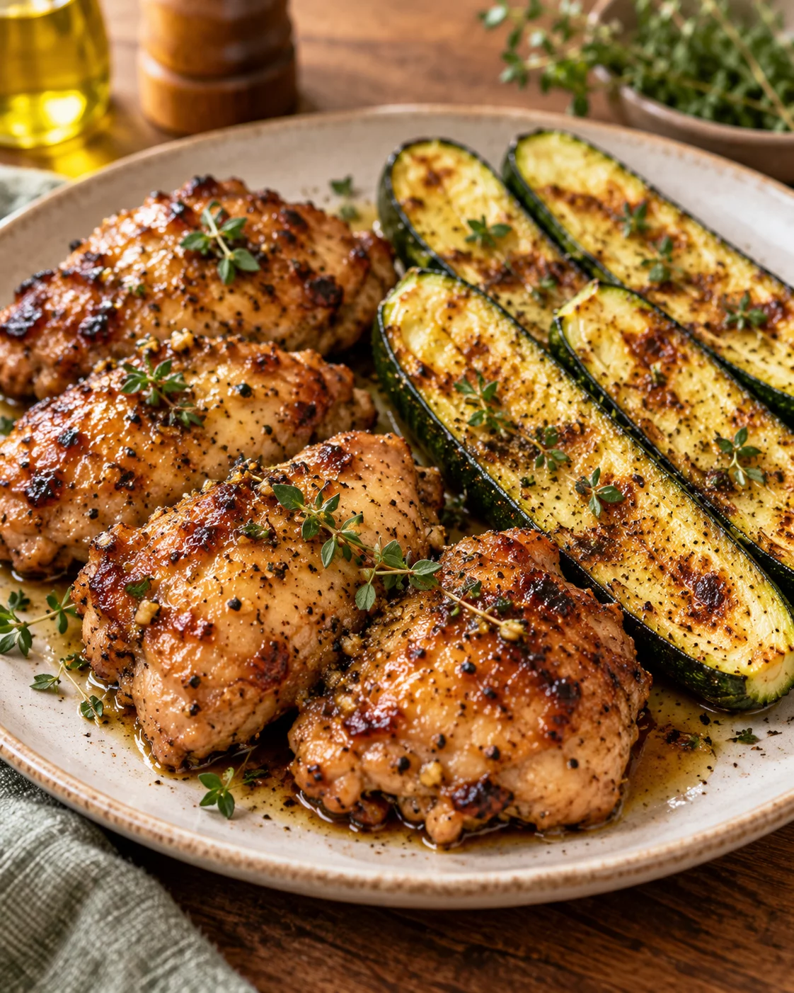 grilled chicken thighs and zucchini