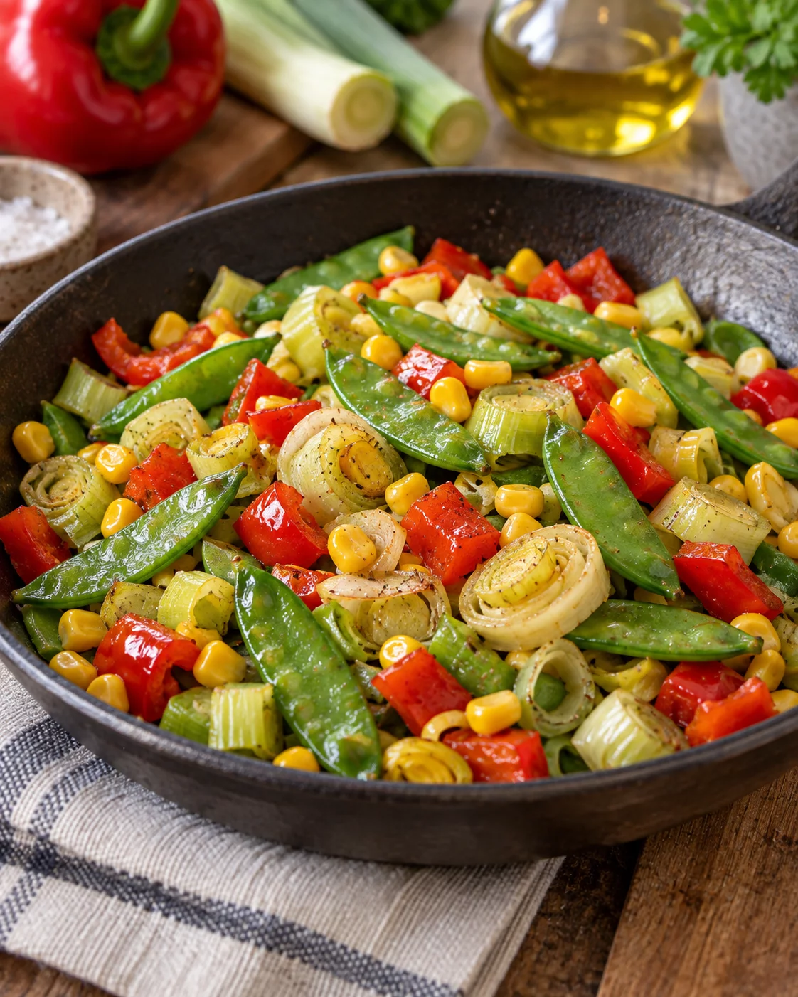 leeks, corn and red pepper